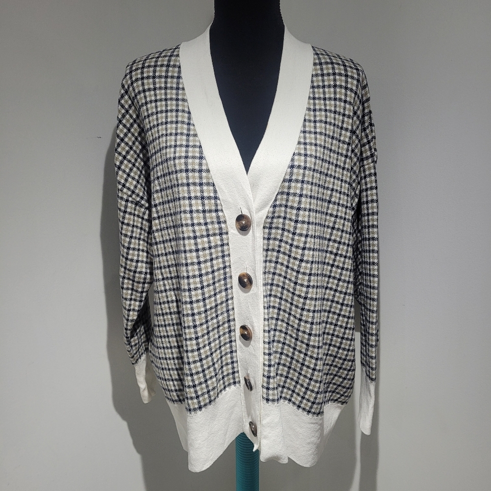 Barbour Women's Hebrides Plaid Cotton Cardigan Size 12 Cream Black Green Preppy
